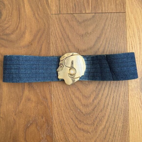 Vintage 70s Chanel Coco Profile Buckle Denim Belt READ 27-30 - Picture 1 of 11